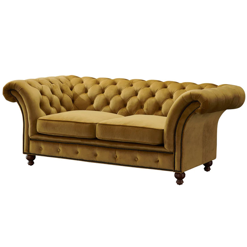 Jarique 78" Velvet Rolled Arm Chesterfield Loveseat, Yellow Velvet