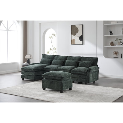 U Shape Sectional In , 106" 4 Seat Chenille - Shaped Sleeper, Soft Breathable Fabric, Frame, Built , Side Pockets For Living Space, Solid Wood Structure, & Type C, Movable Footstool With Hidden
