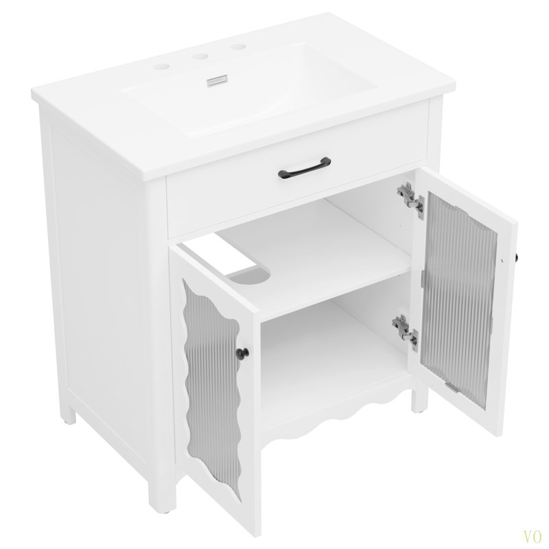 Meuble-lavabo de 31 po avec verre Tempe, armoire de salle de bain moderne avec pieds en bois d'hévéa et portes à fermeture en douceur