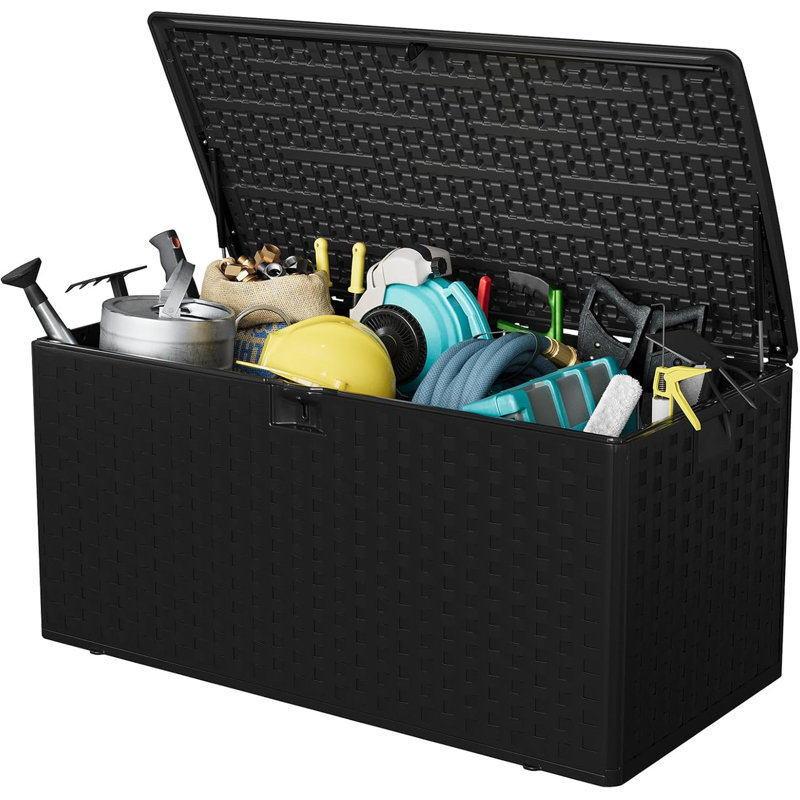 100 Gal Outdoor Storage Box, Waterproof & UV-Resistant Deck Box with Lockable Lid for Patio, Garden & Pool, Black