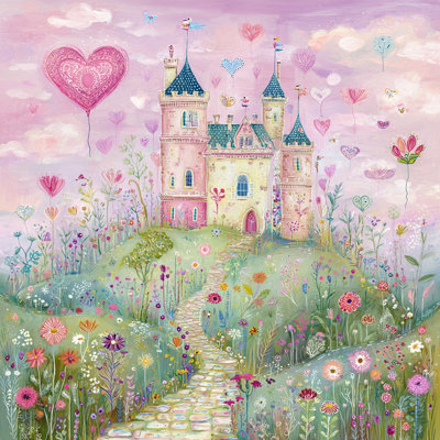 Fairytale Garden Castle Wrapped Canvas Wall Art | Whimsical Princess Castle Floral Landscape Canvas Print | Pastel Nursery Bedroom Wall Decor | Gallery Wrapped Ready to Hang