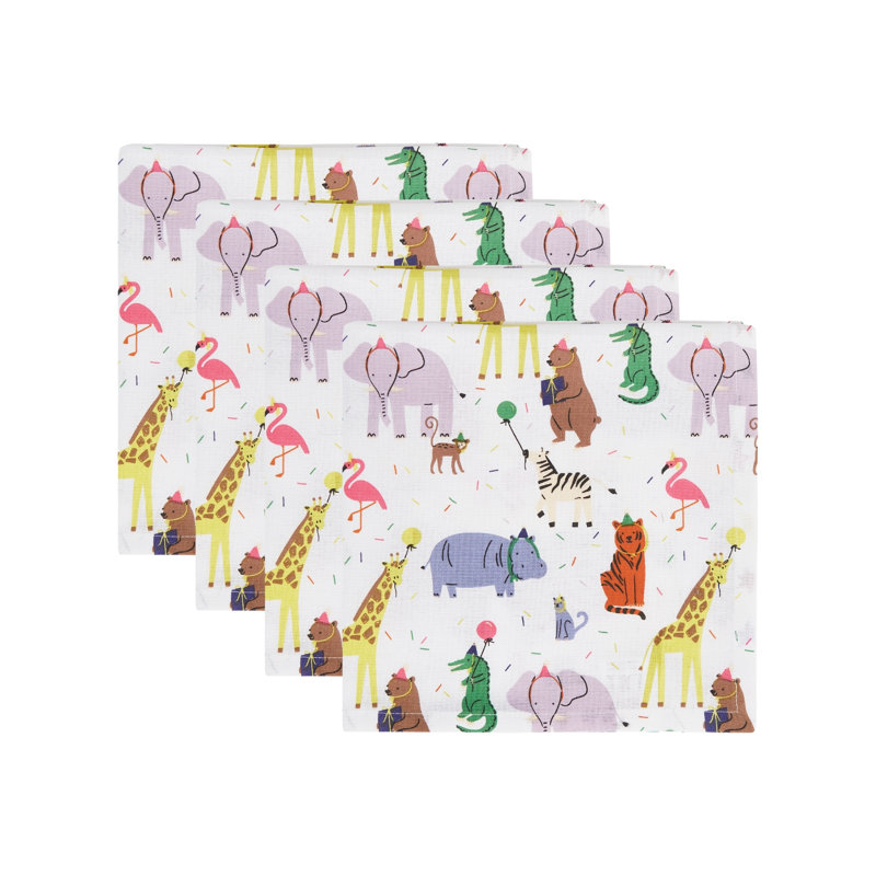  Ensemble de 4 serviettes de table en coton imprimé, 20 x 20, Animal Party