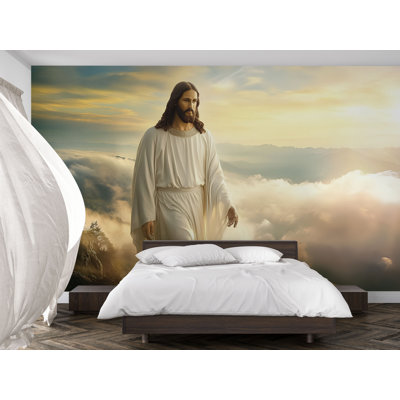 Peaceful Jesus Walking Above The Clouds Wallpaper With Sunset Sky, Spiritual Uplifting 3D Mural For Prayer Rooms, Bedrooms, Or Faith-Inspired Decor