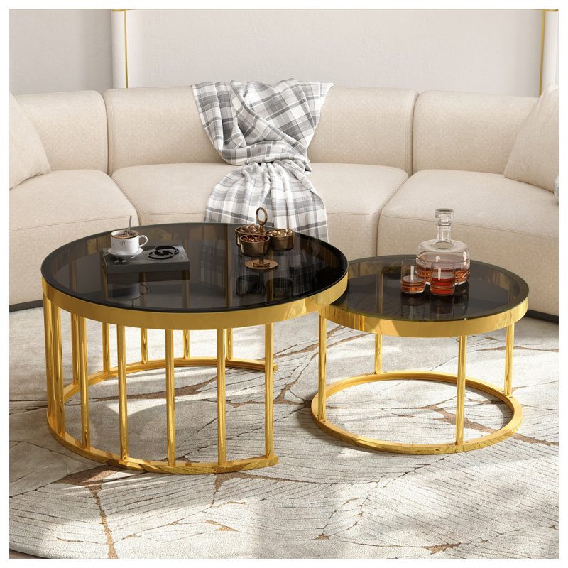 Ensemble de 2 tables basses gigognes rondes avec dessus en verre trempé et structure en métal doré, Noir