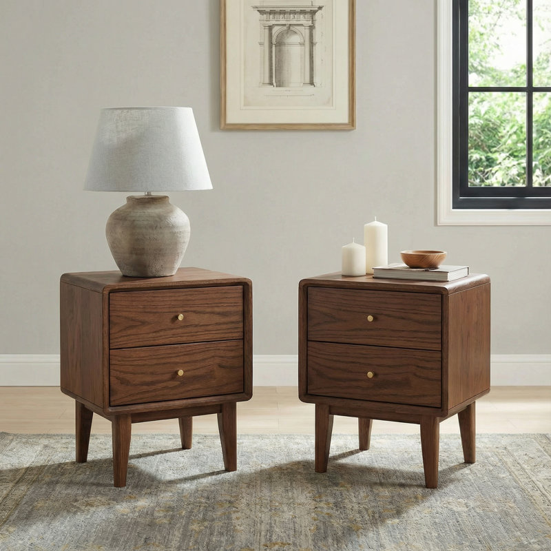 Fjord 19.7"H Low & Narrow Solid Oak Nightstand, Red Oak & Brown Stain, Set of 2