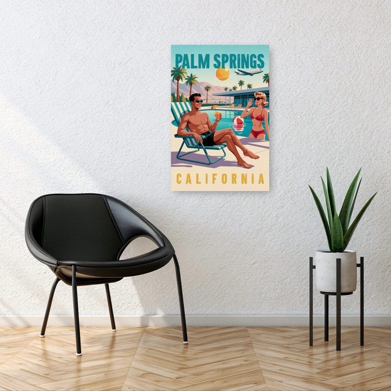 Palm Springs Poolside Glamour Modern Retro Vintage Palm Tree Landscape Mountain Wall Art Print by Andreas Magnusson - Wrapped Canvas Print