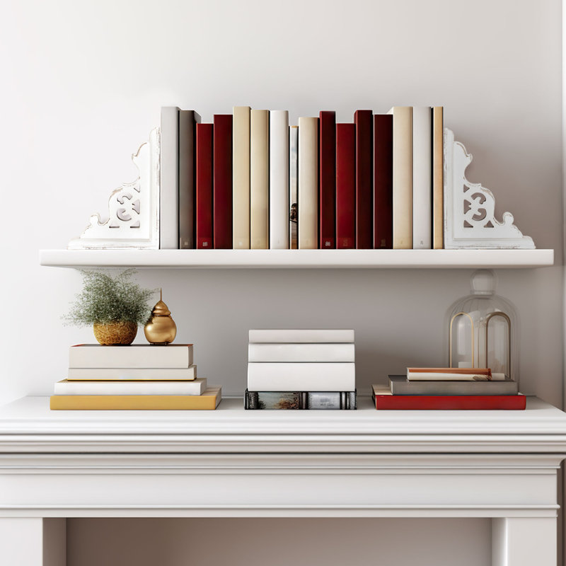 Distressed White Carved Wood Renaissance Bookends Set