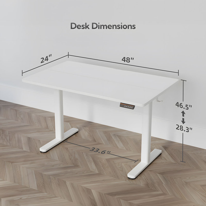 Bureau debout électrique à hauteur ajustable avec crochets, H 46,5 po x l 48 po x P 24 po, Blanc / blanc