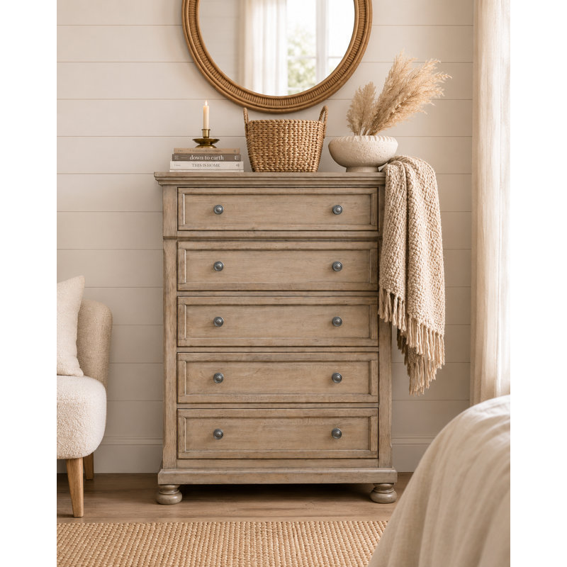 Alek 39" W Transitional 5-Drawer Wood Chest with Dovetail Drawers, Wire/Brushed Gray
