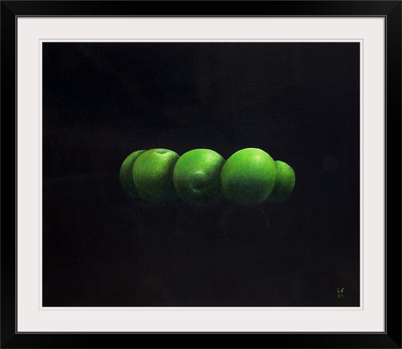 «Redekar Five Green Apples» par Lincoln Seligman, reproduction d'art, H 32 po x l 38 po x P 1 po, Cadre noir
