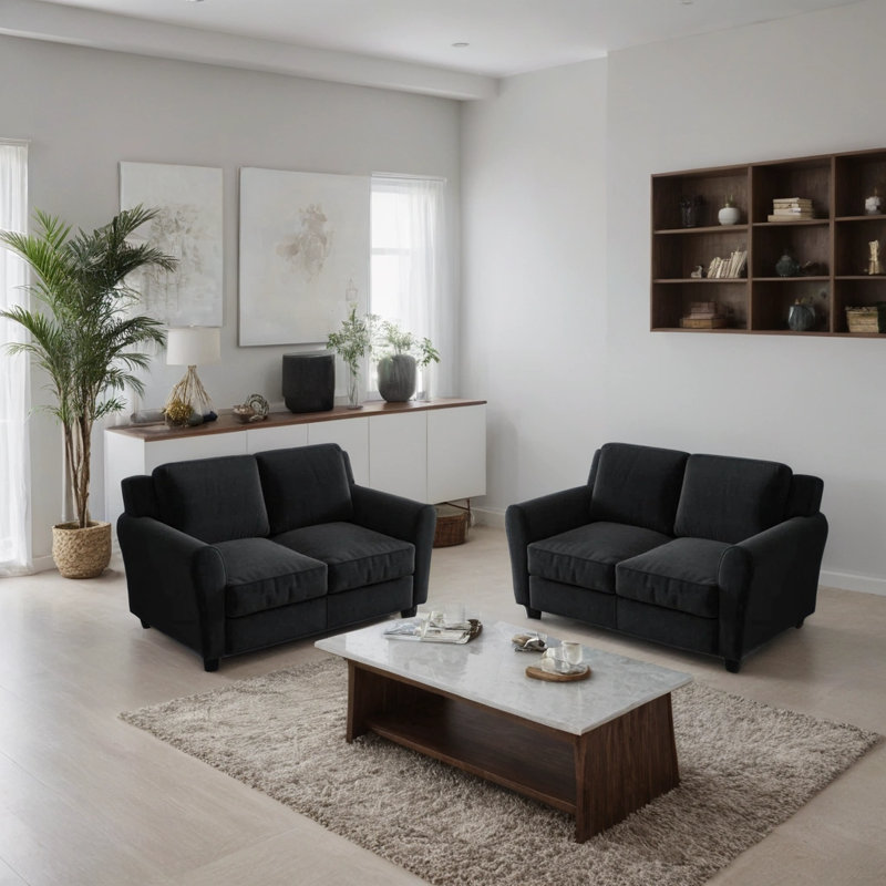 58.3" Wide Modern Flannelette Fabric Upholstered Loveseat Sofa(Set Of 2), Black