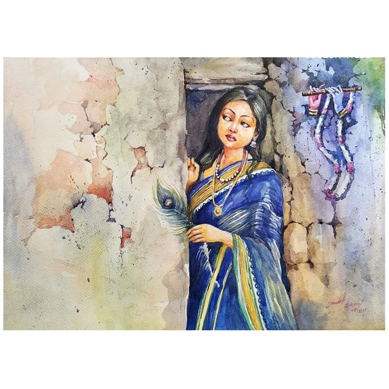 «Finding Lord Krishna» | Aquarelle sur papier | Par Sarat Shaw
