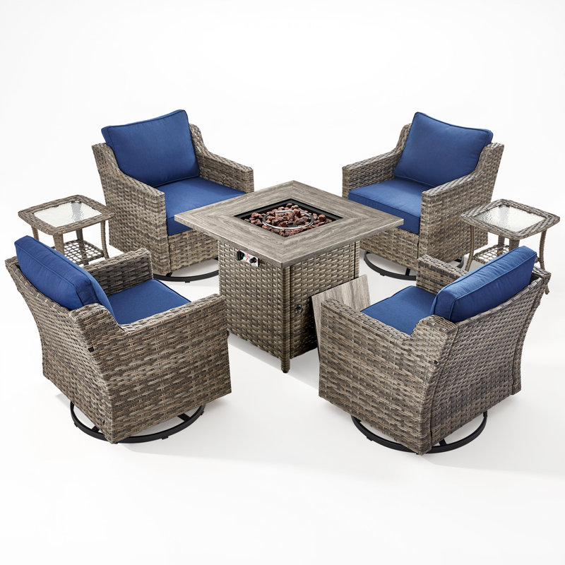 7 Piece Wicker Outdoor Furniture Set With Gas Fire Pti Table, High Back Patio Furniture Set With 4 Swivel Rocking Chairs And Side Table