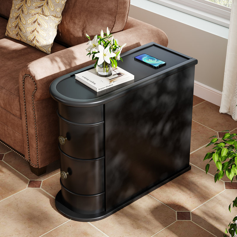 Solid Wood End Table with 2 Storage Drawers, No Assembly Required, Black