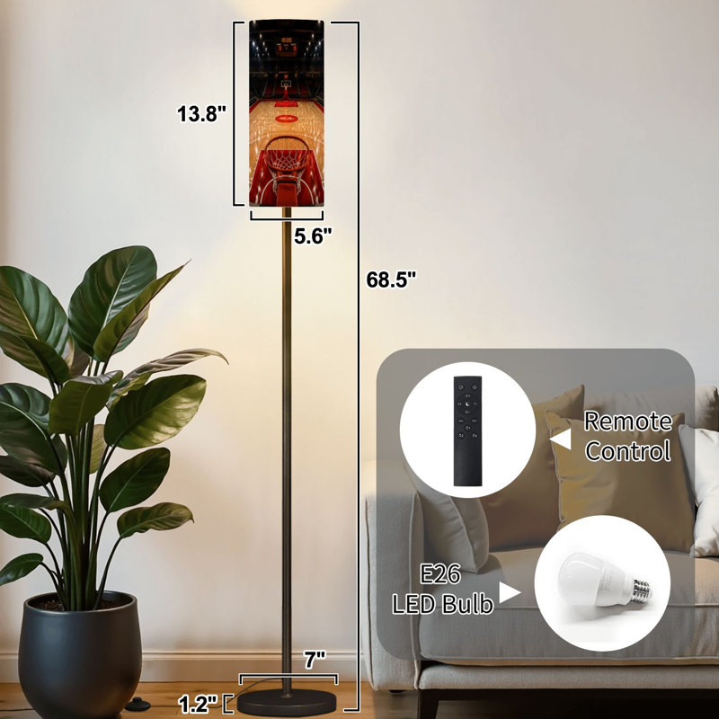 Lampe sur pied avec panier de basketball intérieur et plancher en bois franc avec gradateur moderne et télécommande avec interrupteur au pied et abat-jour