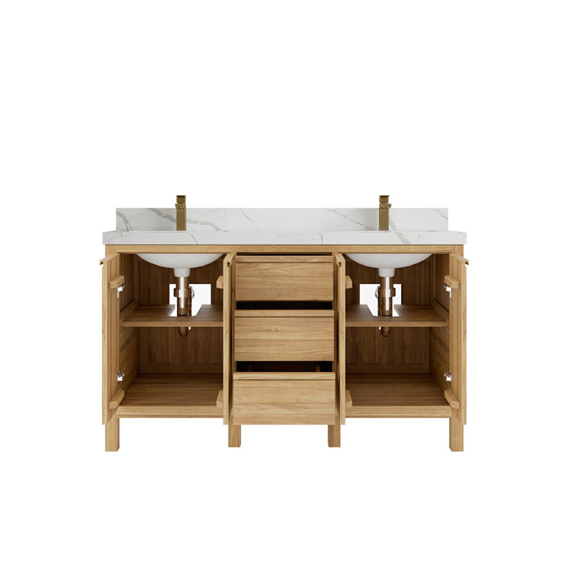 Ensemble de meuble-lavabo double 60 po Teak, Calacatta Laza