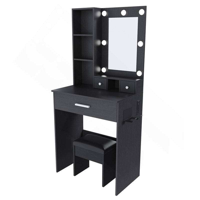 Vanity Table With Mirror & Adjustable LED Lights, Power Outlet, Hairdryer Holder & Stool – Compact Dressing Desk For Small Bedrooms
