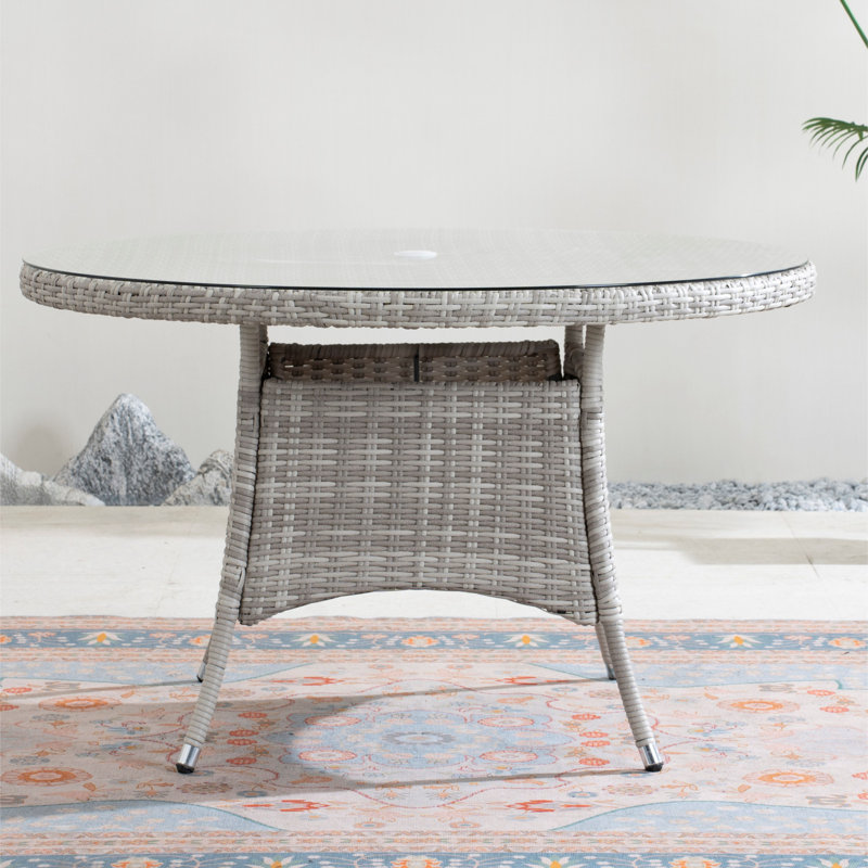 Table de salle à manger ronde en aluminium et osier avec trou pour parasol (47,24 po de diamètre x H 28,35 po), Blanc