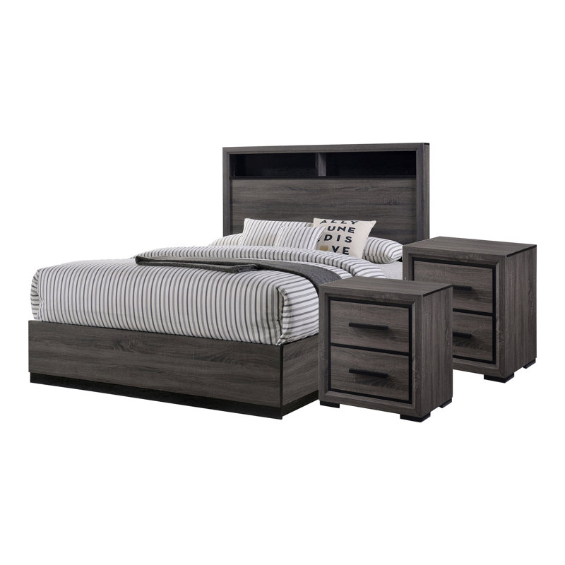 Lit en bois 3 pièces Camry avec 2 tables de chevet Camile, Très grand