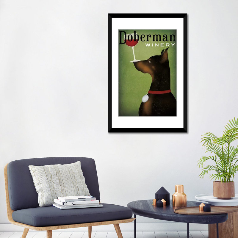 Doberman winery, impression sur toile tendue, L 24 po x H 32 po x P 1 po, Papier beaux-arts encadré noir, Blanc
