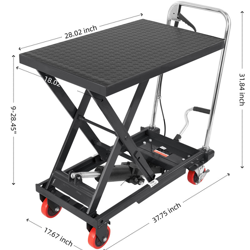 Plateforme élévatrice hydraulique à ciseaux unique noire de 500 lb avec angle de levage de 28,5 pouces et rouleaux antidérapants ; utilisée pour la manutention de matériaux