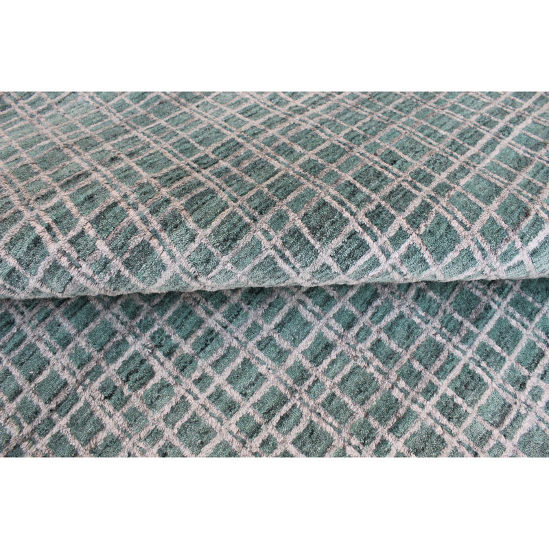 Hand Knotted Plaid Area Rug in Teal/Green, Rectangle 12' x 15'