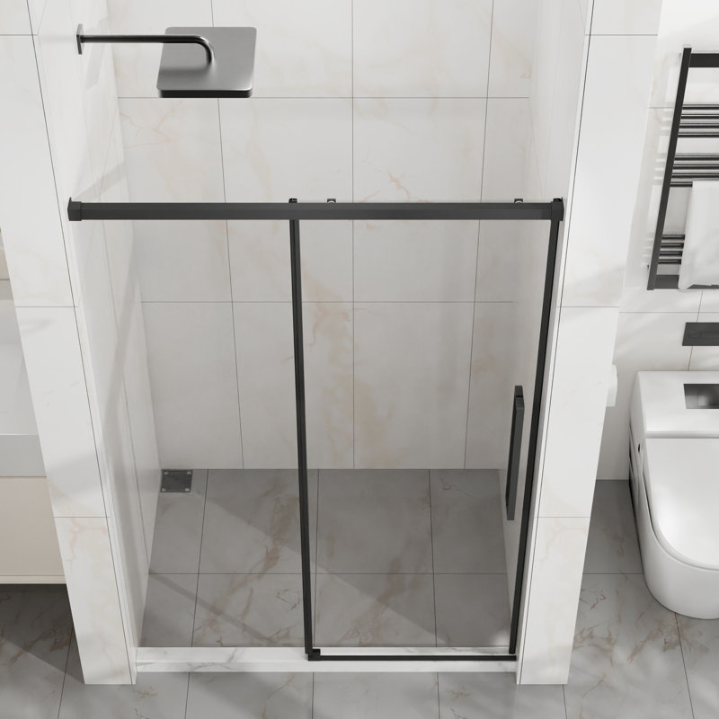 48" Wide X 72" High Semi- Shower Door, 6mm Tempered Glass With Shatter Coating, Matte Black Finish, Stainless Steel Frame, Smooth Sliding Mechanism, Waterproof Protection For Bathroom - Thick Glass,