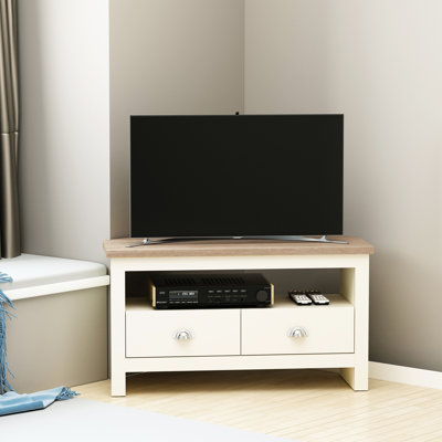 White Tv Stand For Corner Area, With Drawers And Open Storage Space, Fits Up To 50" Television Entertainment Living Room Corner, Compartment,