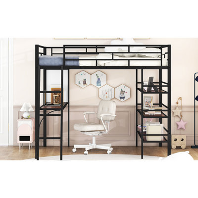 Lit mezzanine moderne en métal pleine grandeur avec 3 tablettes et bureau - Tableau blanc à cadre noir pour plus de confort et d'espace d'étude créatif