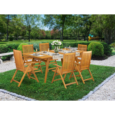 7 Piece Patio Dining Set Consist of a Rectangle Outdoor Acacia Wood Table and 6 Folding Adjustable Arm Chairs, 40x72 Inch, Natural Oil