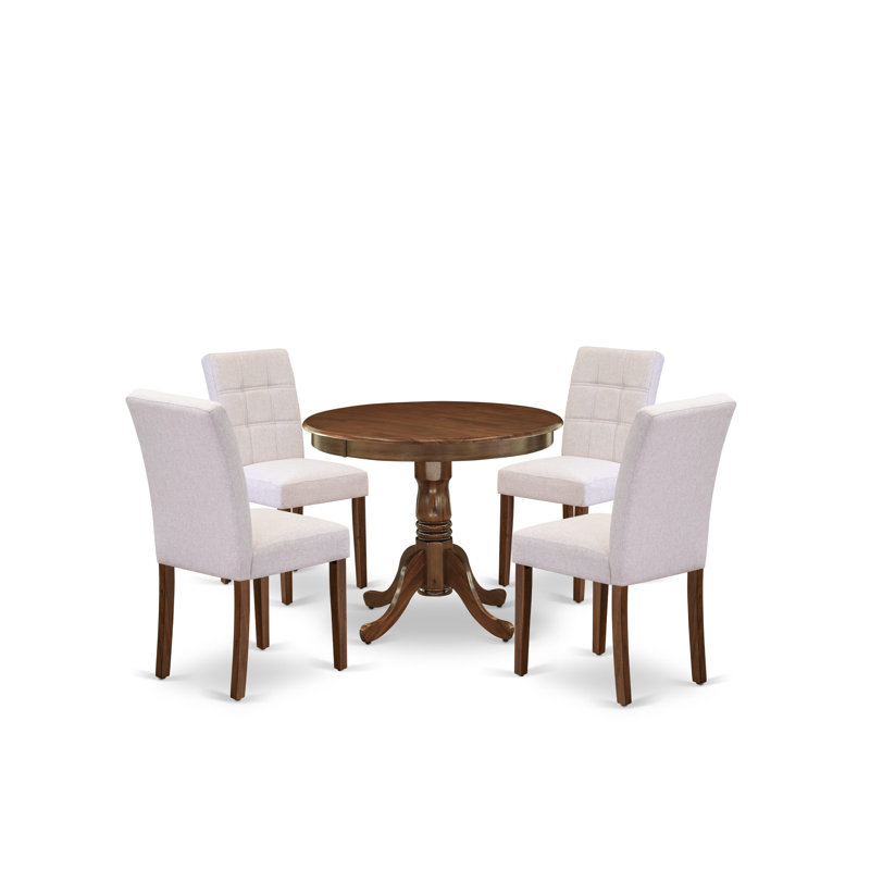 5 Piece Mid Century Dining Table Set consists of a kitchen table and 4 Mist Beige Polyester Fabric Dining Chairs, Antique Walnut