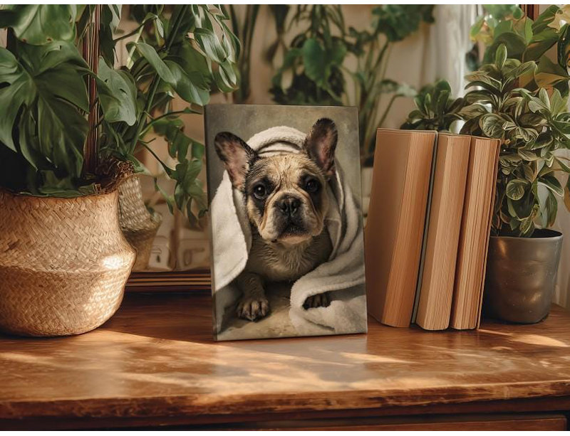 Drôle de bouledogue français sur toile, H 60 po x l 40 po