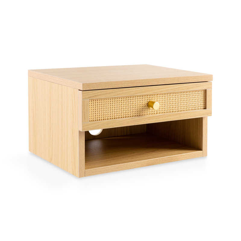 Table de chevet flottante murale bohémienne de 15,7 po Celerie, table de chevet en chêne clair avec tiroir de rangement en rotin de chêne tissé clair et casier ouvert