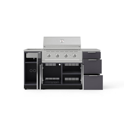 Outdoor Grill Island Aluminum Slate Gray 5 Piece Cabinet Set with Sink, 3 Drawer, Grill Cabinet, 36" Natural Gas Performance Grill and 16" Dekton Black Top
