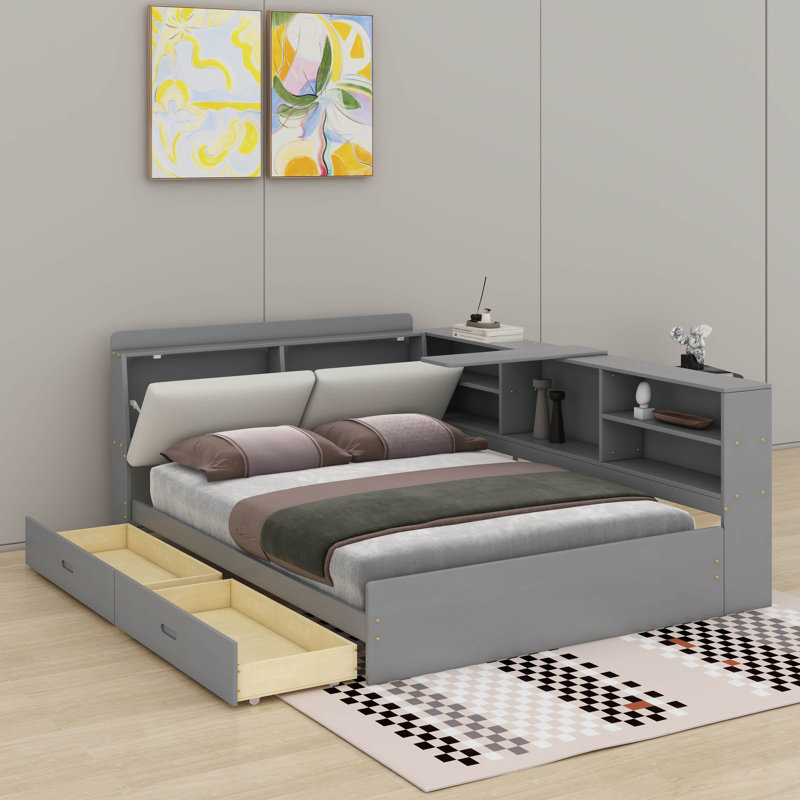 Lit plateforme double avec tête de lit, tiroirs et tablettes, gris