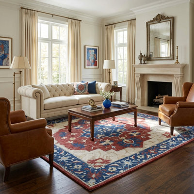 Tapis traditionnel en laine rouille et marine à motif médaillon, tufté à la main, motif médaillon