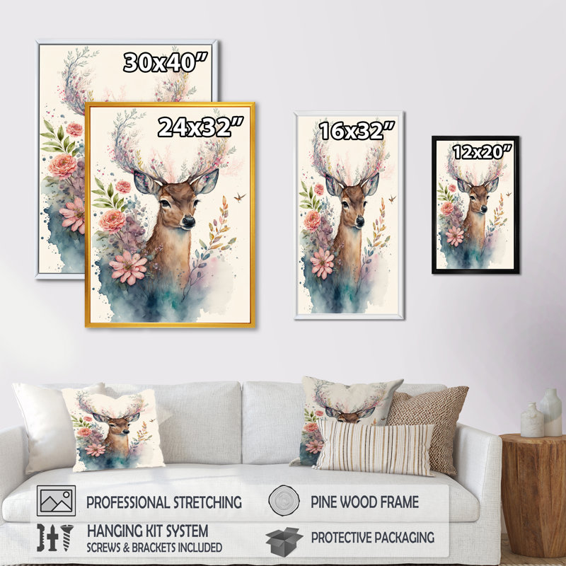 Mignon petit cerf avec fleurs roses - art mural encadré de cerf, L 30 po x H 40 po, Cadre flottant noir