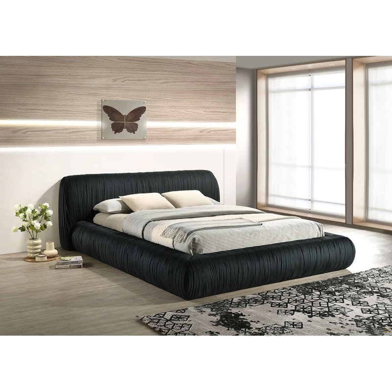 Lit de grand lit plissé en tissu d'ameublement 1pc, Grand lit, Noir