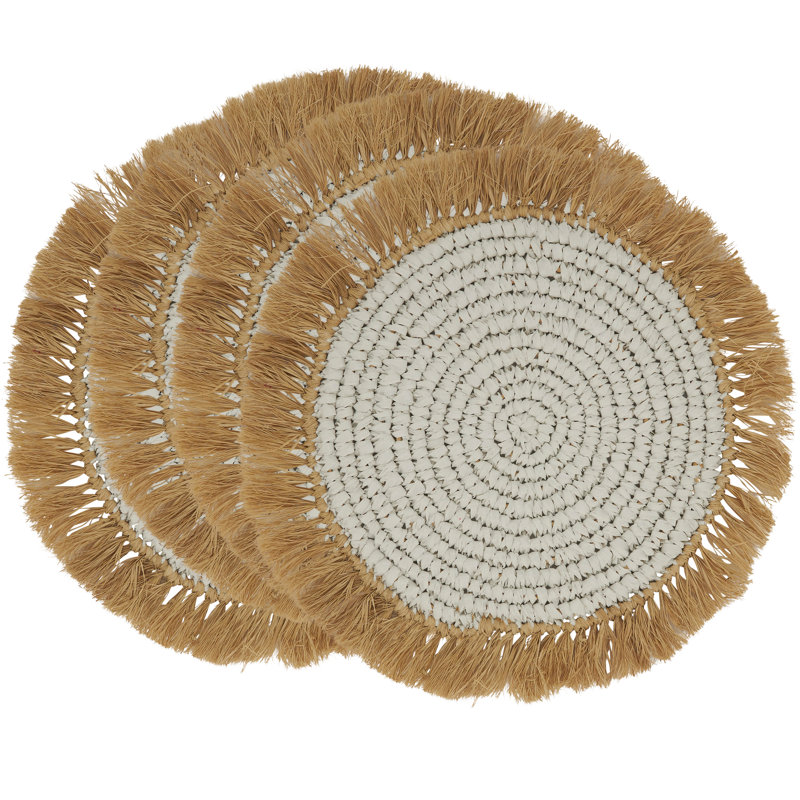 White and Natural Round Raffia Placemats Set of 4