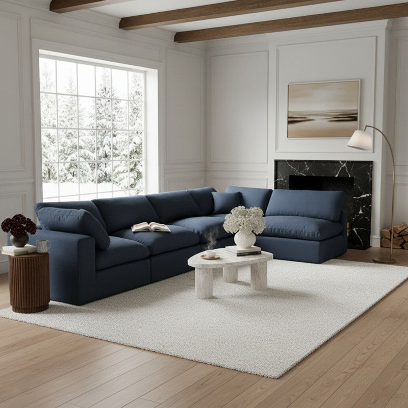 Ismelda Upholstered L-Shaped Sectional Reversible, Navy Linen Textured Fabric