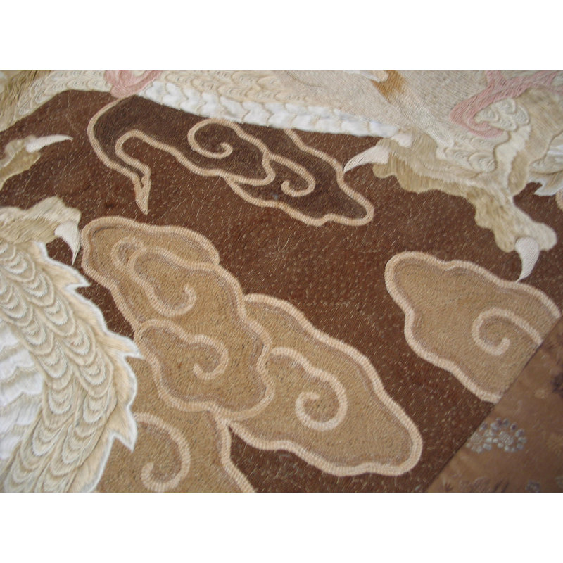 Antique Chinese Textile Small Wool & Silk Brown Dragon Embroidery Wall Hanging