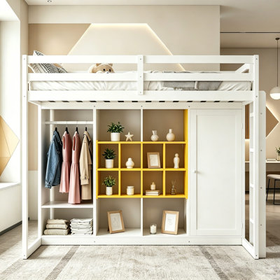 Lit mezzanine moderne avec armoire de rangement intégrée, bibliothèque et tringle