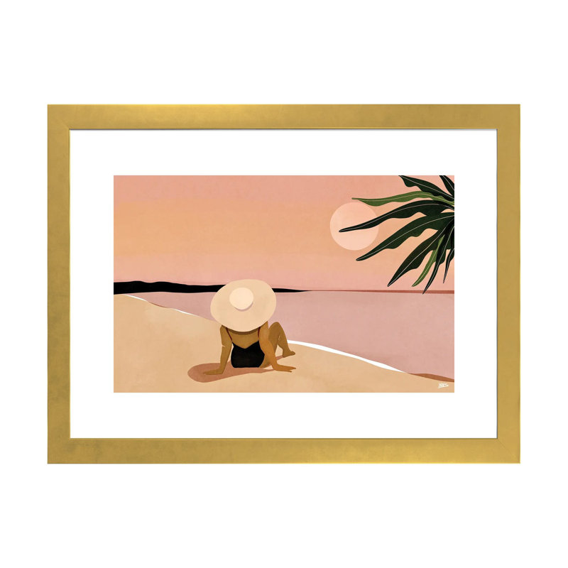 «Beach Gaze» par Bria Nicole - impression d'art graphique, Papier encadré doré, Blanc, H 16 po x l 24 po x P 1 po