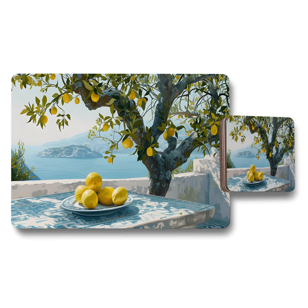 Lemon Tree Ocean View Placemat And Coaster Set With Lemons