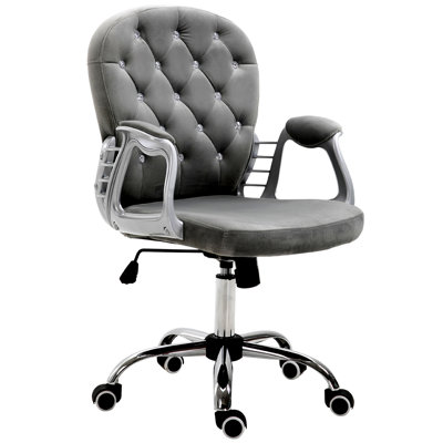 Velvet Home Office Chair, Button Tufted Desk Chair With Padded Armrests, Adjustable Height And Swivel Wheels, Gray