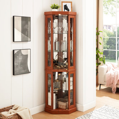Armoire de rangement d'angle en chêne foncé avec éclairage, deux portes vitrées exquises, des tablettes réglables, idéales pour le vin et à collectionner dans le système d'éclairage du salon, des pièces en cerisier ou à thème