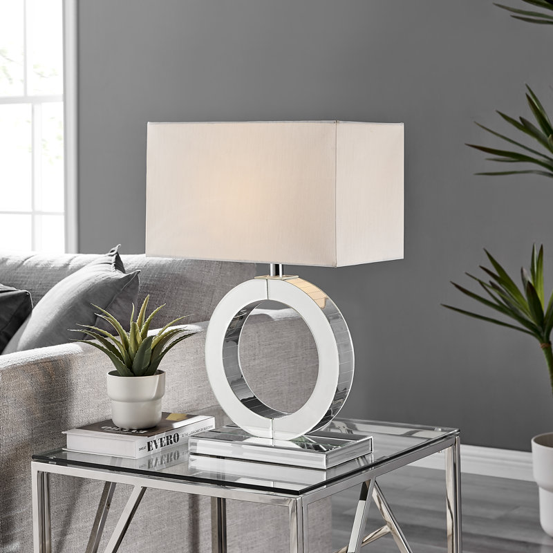 Cloe Mirror & Fabric Shade Halo Table Lamp Light (Bulb Included), White