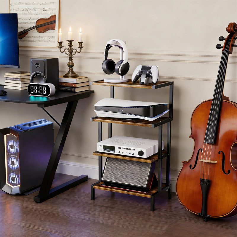 4-Tier AV Media Shelf, Game Console Stand, Wood, For Gaming Entertainment, Fits Small Spaces