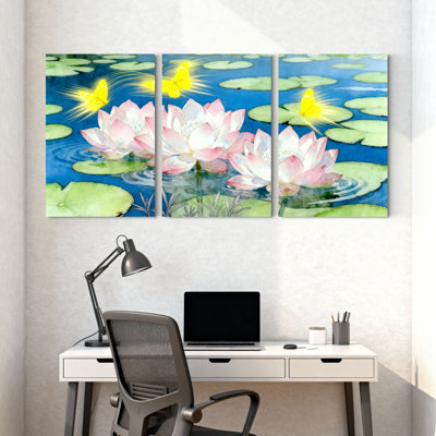 Ensemble de 3 tableaux muraux sur toile, style aquarelle, représentant des fleurs de lotus et des papillons.