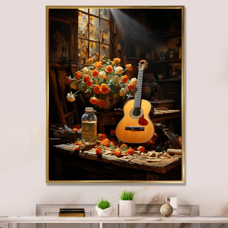 Guitare Country Country en brun rustique, Cadre flottant doré, 40" H x 30" W